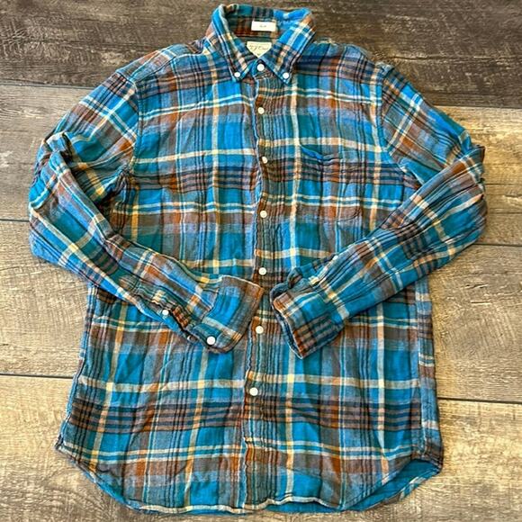 J. Crew Men's Slim Teal Brown Plaid Button Down Shirt Size M - Picture 1 of 6